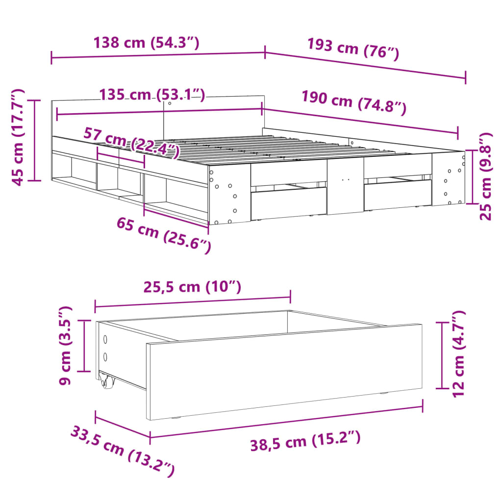Rám Postele Se Zásuvkami Kouřový Dub 135 X 190 Cm Kompozit