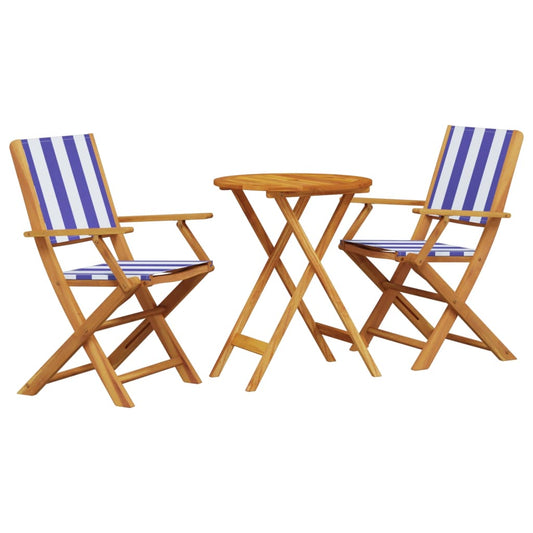 3Dílný Bistro Set Modrý A Bílý Textil A Masivní Dřevo