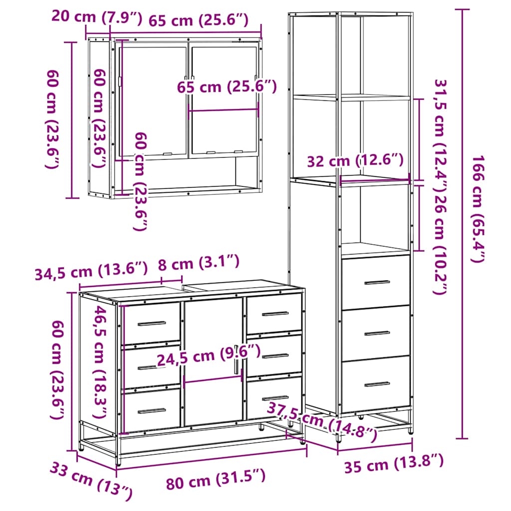 3Dílný Set Koupelnového Nábytku Kouřový Dub Kompozitní Dřevo