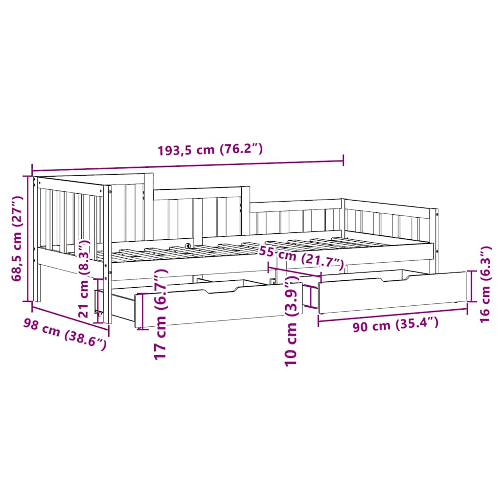 Válenda Se Zásuvkami Bílá 90 X 200 Cm Masivní Borovice