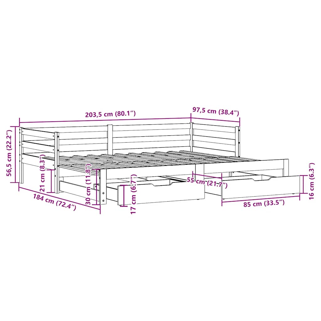 Válenda S Přistýlkou A Zásuvkami Hnědá 90X200 Cm Masiv Borovice