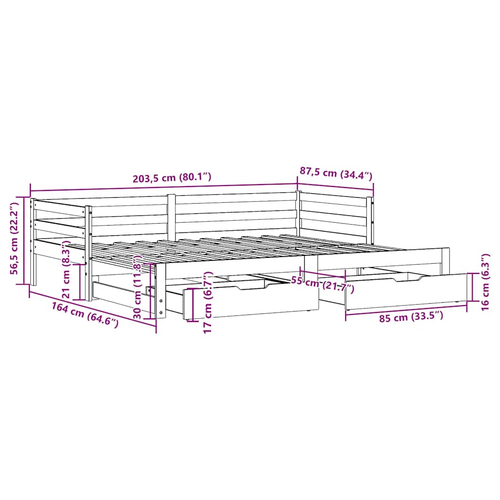Válenda S Přistýlkou A Zásuvkami Hnědá 80X200 Cm Masiv Borovice