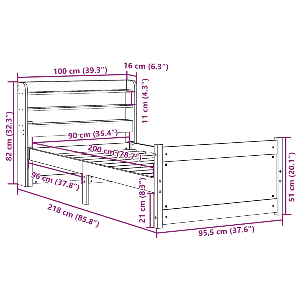 Rám Postele S Čelem 90 X 200 Cm Masivní Borové Dřevo