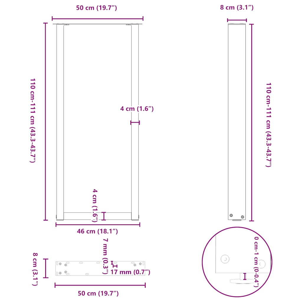 Nohy Barového Stolu Ve Tvaru U, 2 Ks, Černé, 50 X (110-111) Cm, Ocel