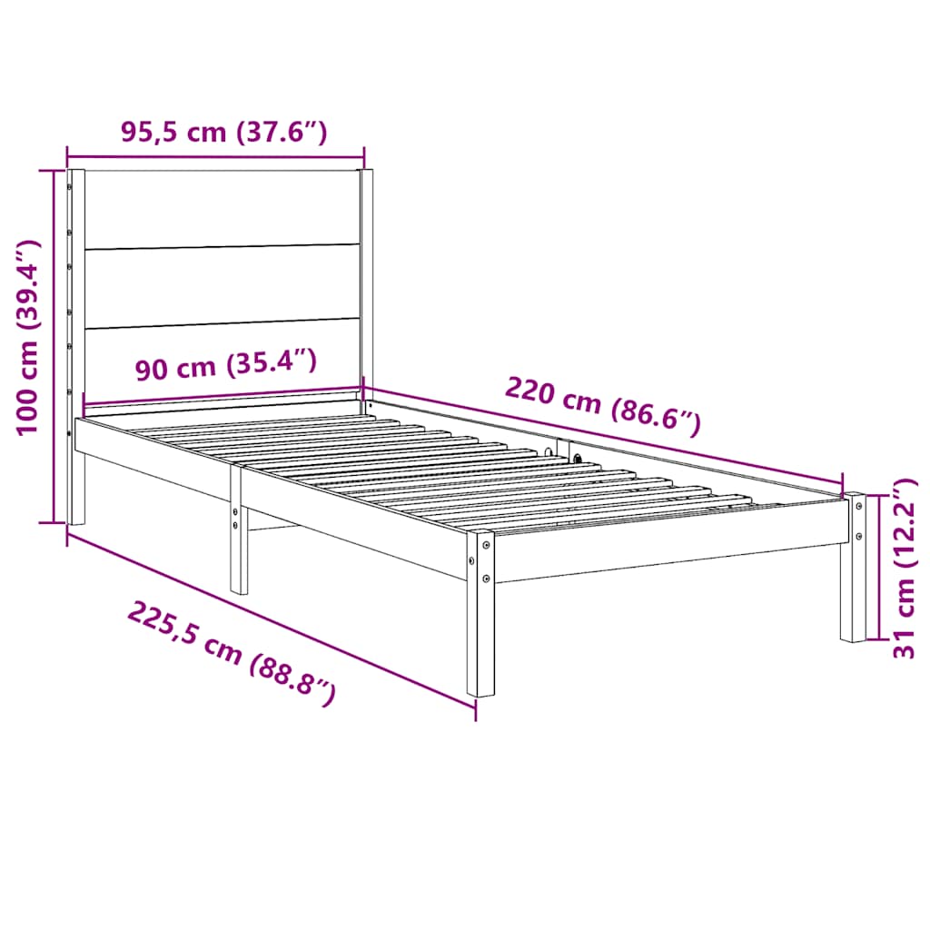 Prodloužený Rám Postele Bez Matrace 90 X 220 Cm Masivní Dřevo