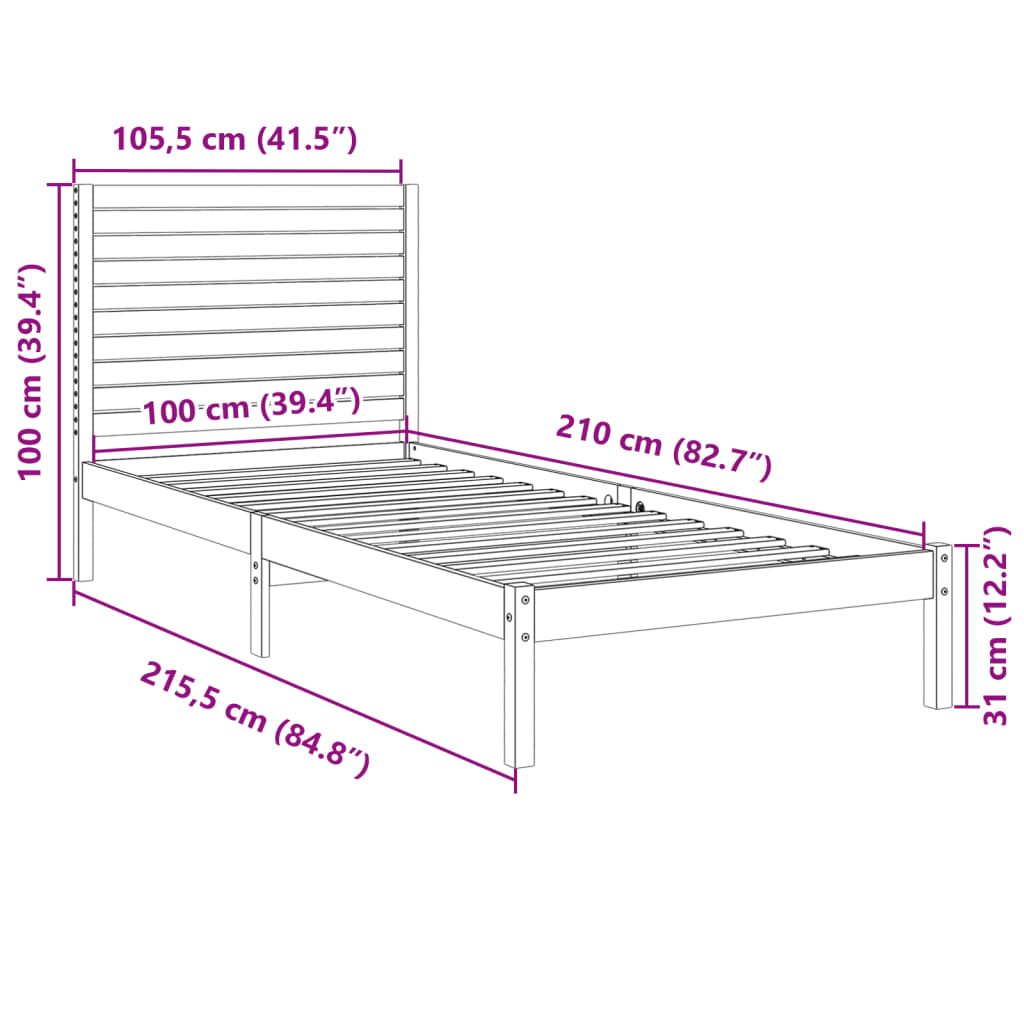 Prodloužený Rám Postele Bez Matrace 100 X 210 Cm Masivní Dřevo