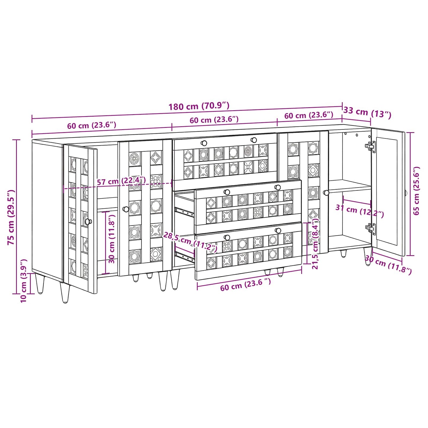 Servírovací Skříň 3 Ks 60 X 33,5 X 75 Cm Masivní Mangové Dřevo