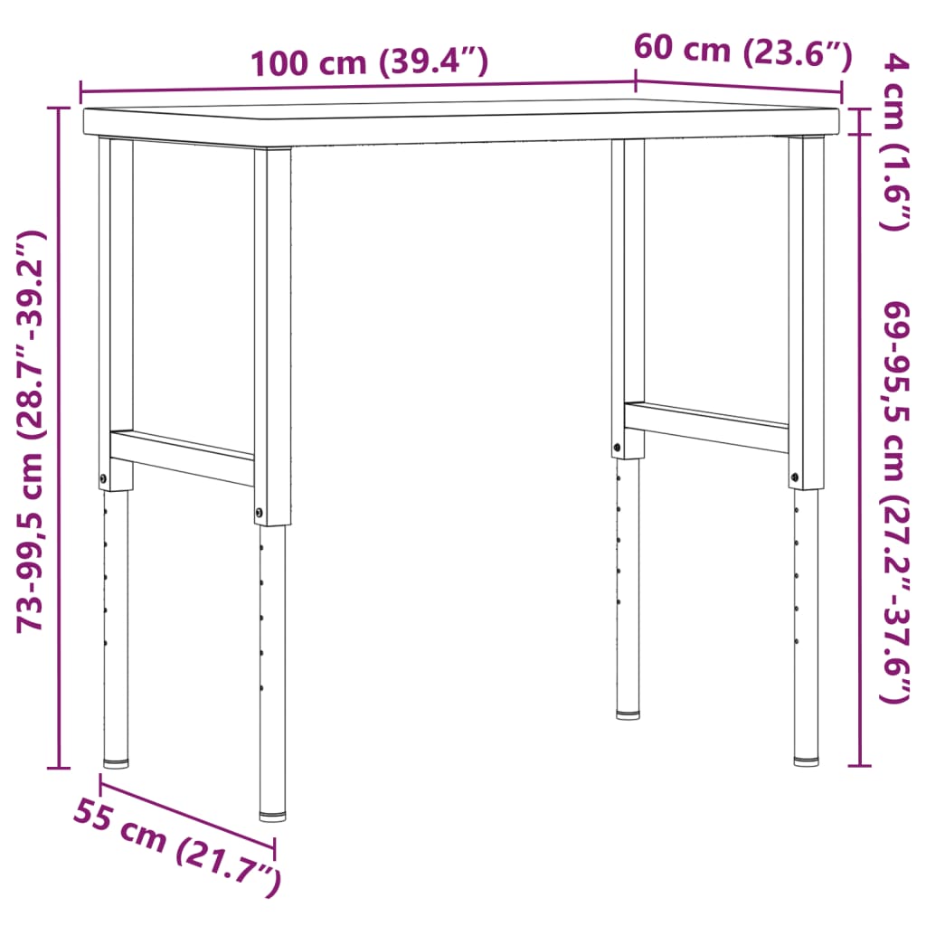 Pracovní Stůl 100 X 60 X (73–99,5) Cm Masivní Dub Obdélníkový