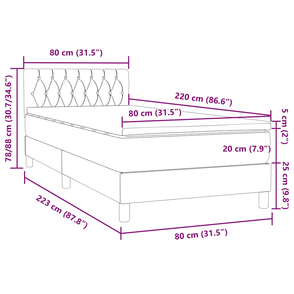 Box Spring Postel S Matrací Tmavě Šedá 80X220 Cm Samet