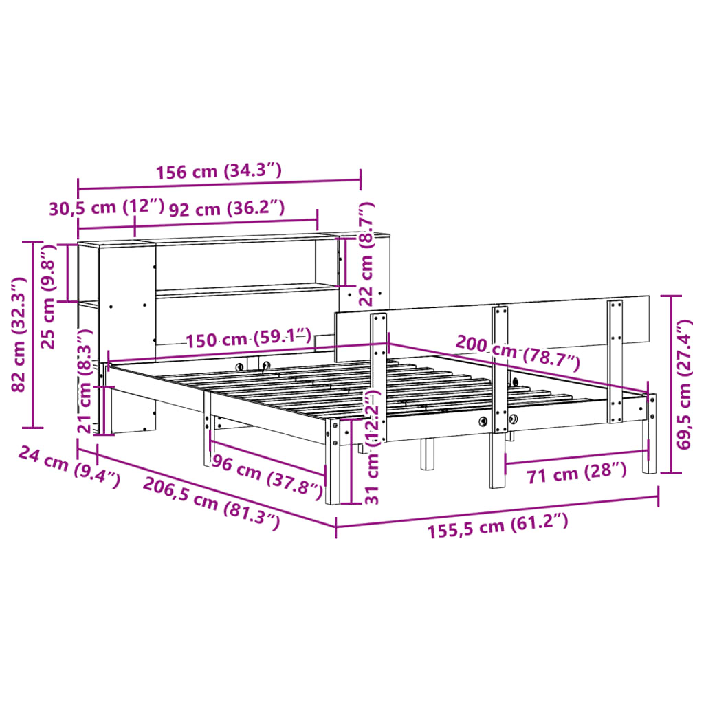 Postel S Knihovnou Bez Matrace Bílá 150X200 Cm Masivní Borovice