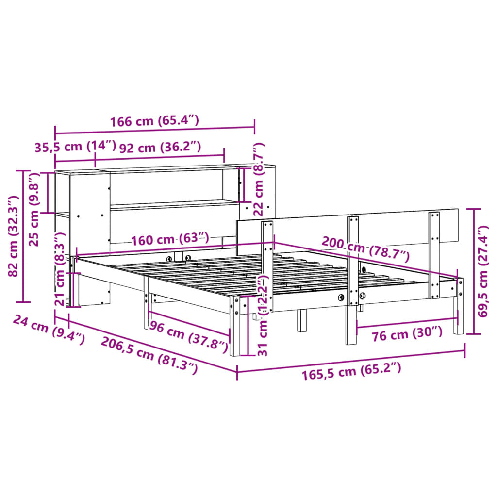 Postel S Knihovnou Bez Matrace Bílá 160X200 Cm Masivní Borovice