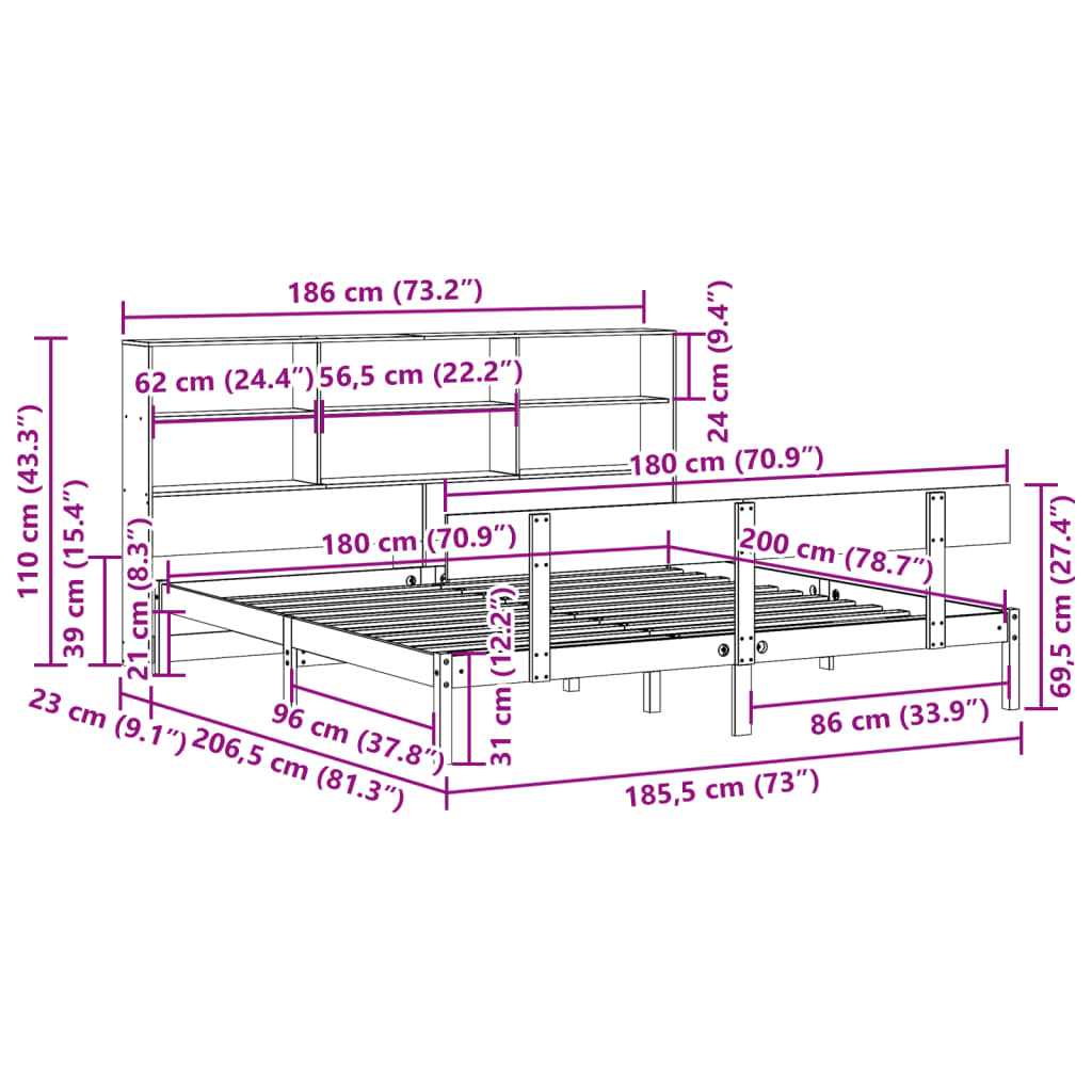 Postel S Knihovnou Bez Matrace Bílá 180X200 Cm Masivní Borovice