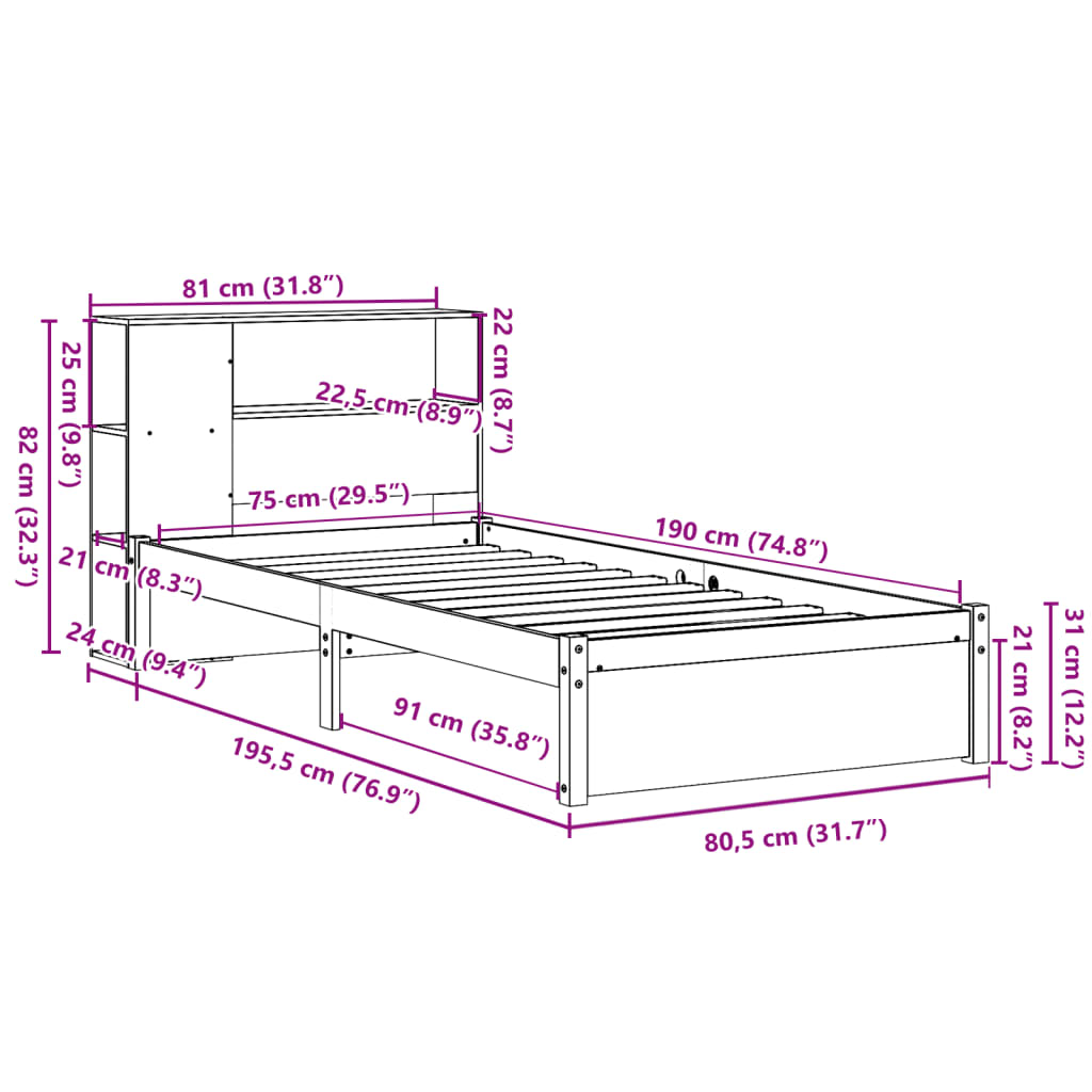 Postel S Knihovnou Bez Matrace Bílá 75X190 Cm Masivní Borovice