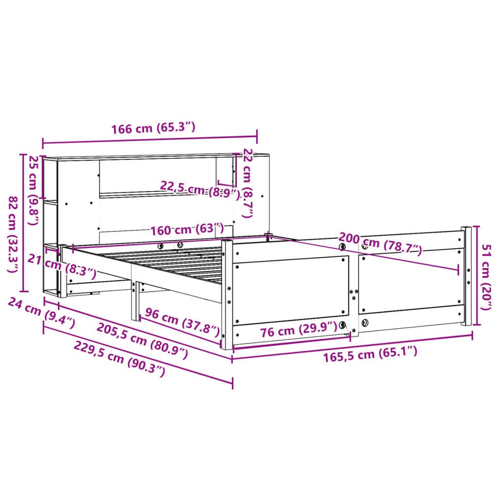 Postel S Knihovnou Bez Matrace Bílá 160X200 Cm Masivní Borovice