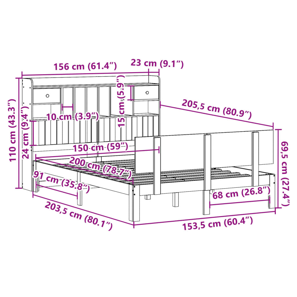 Postel S Knihovnou Bez Matrace Bílá 150X200 Cm Masivní Borovice