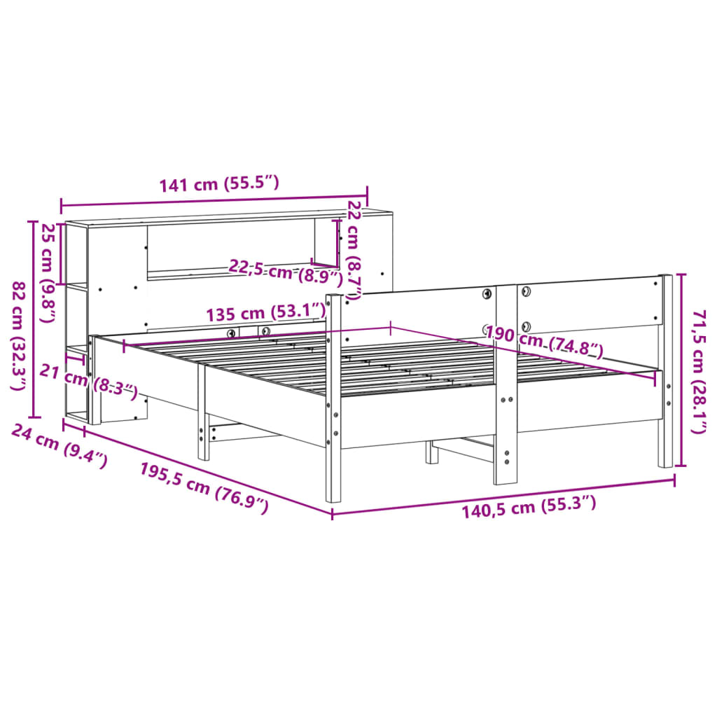 Postel S Knihovnou Bez Matrace Bílá 135X190 Cm Masivní Borovice
