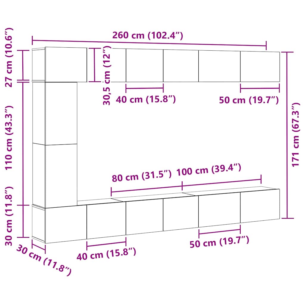 Tv Cabinet Set 9 Ks 30,5 X 30 X 110 Cm Černý Dub
