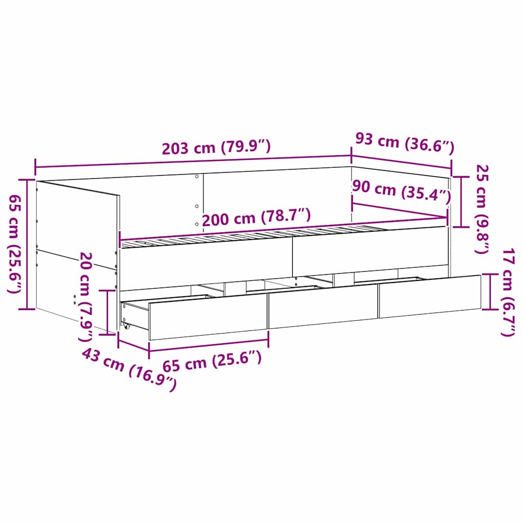 Daybed Se Zásuvkou Staré Dřevo 90 X 200 Cm Kompozitní Dřevo