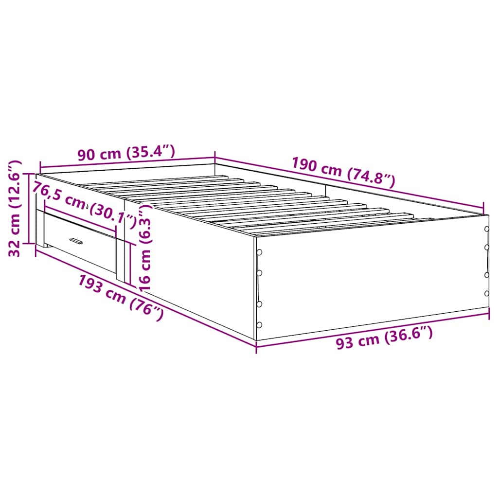 Rám Postele Se Zásuvkou Hnědá 90 X 190 Cm Kompozitní Dřevo