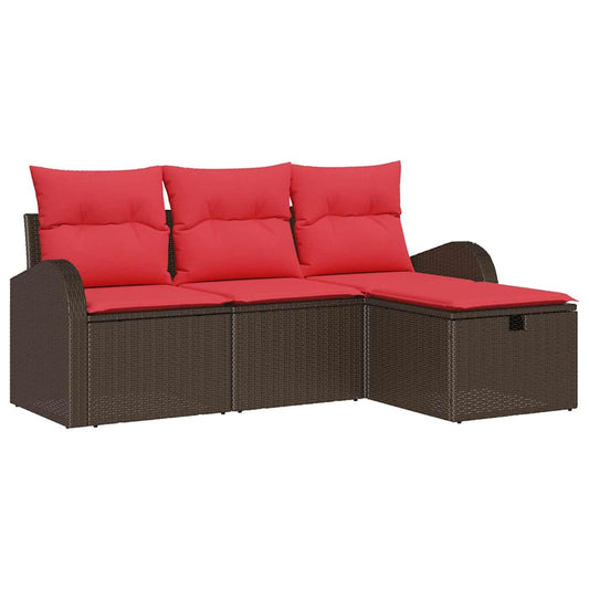 Set Pohovek 4 Ks 4-Počet Míst Hnědá A Červená Polyratan