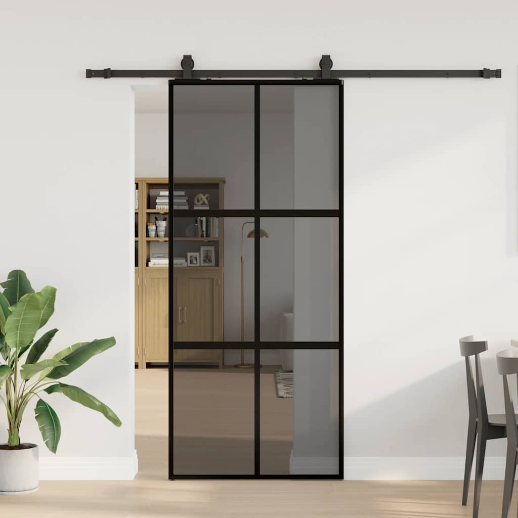Posuvné Dveře Se Sadou Kování Černé 90X205 Cm Tvrzené Sklo Černá A Tmavě Průhledná