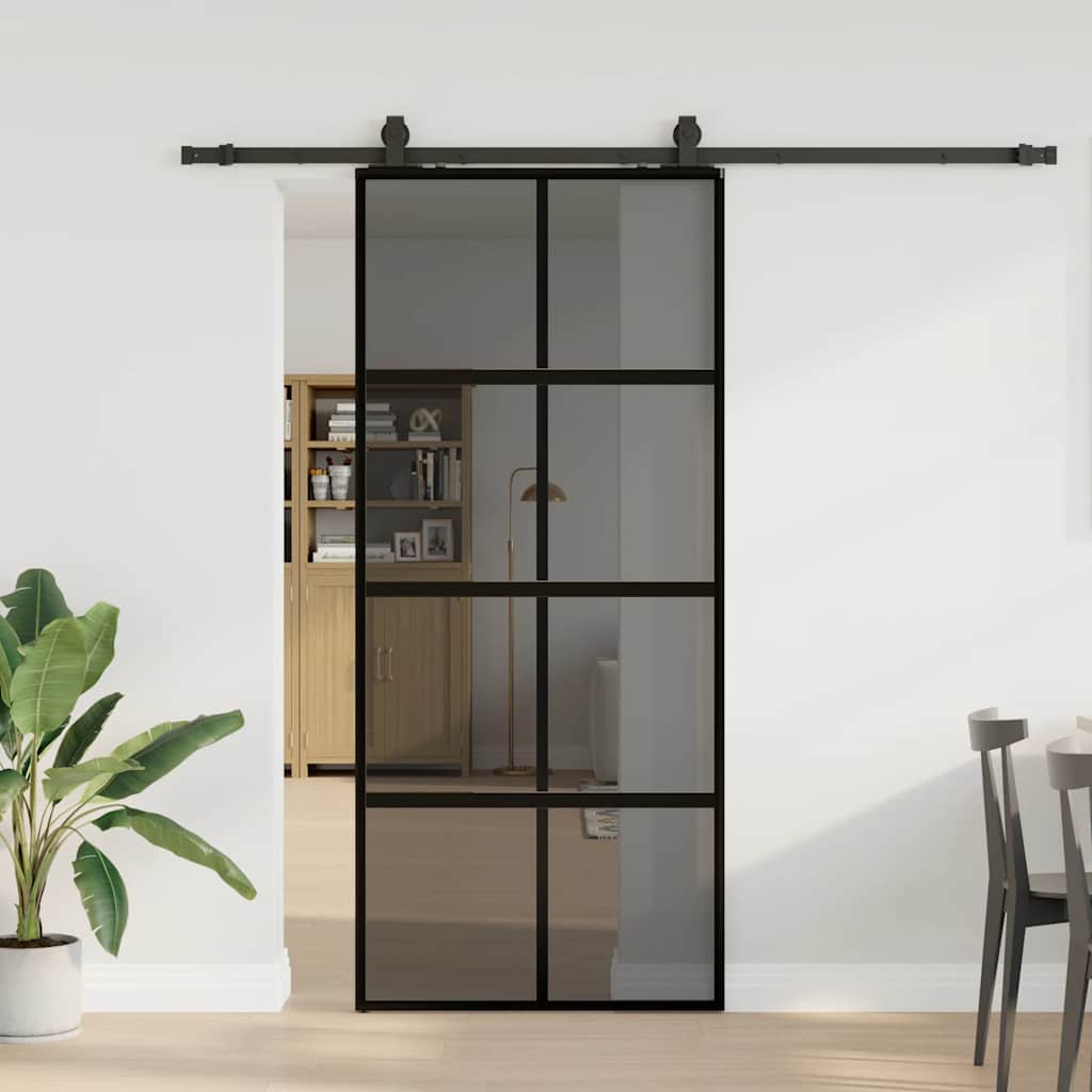 Posuvné Dveře Se Sadou Kování Černé 76X205 Cm Tvrzené Sklo Černá A Tmavě Průhledná