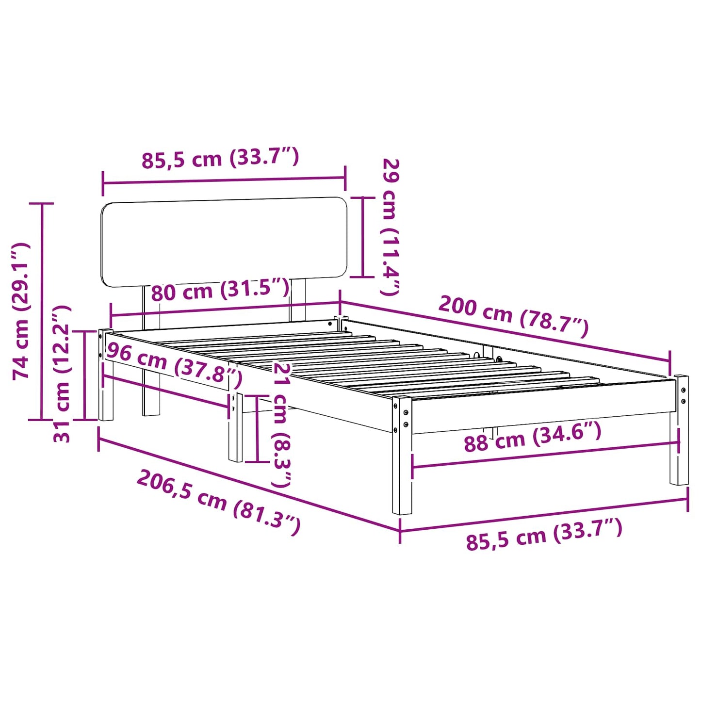 Rám Postele S Čelo Přírodní 80 X 200 Cm Masivní Borové Dřevo
