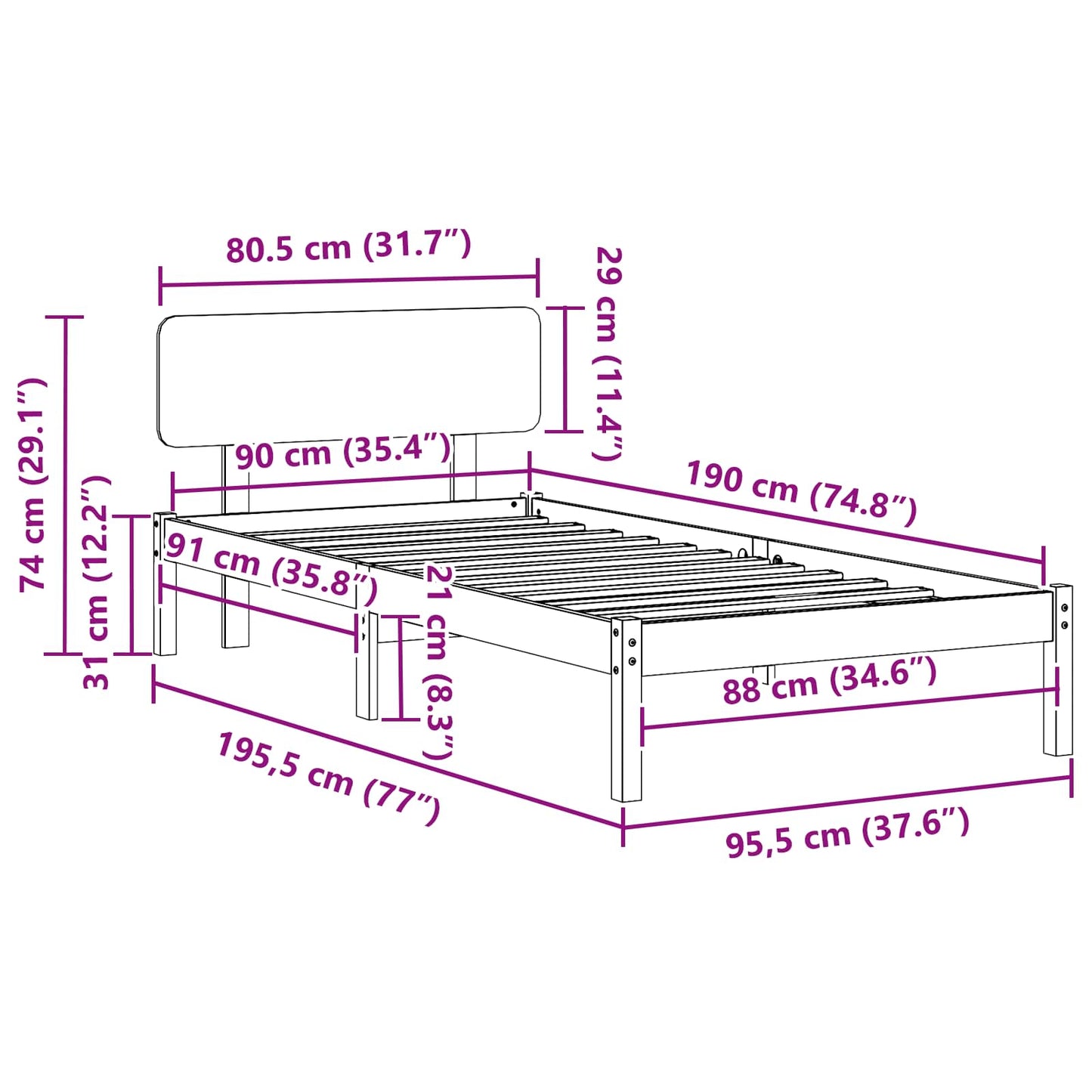 Rám Postele S Čelo Přírodní 90 X 190 Cm Masivní Borové Dřevo