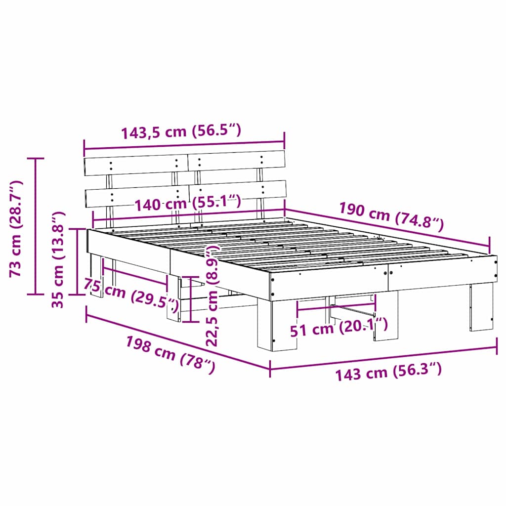 Rám Postele S Čelo Přírodní 140 X 190 Cm Masivní Borové Dřevo
