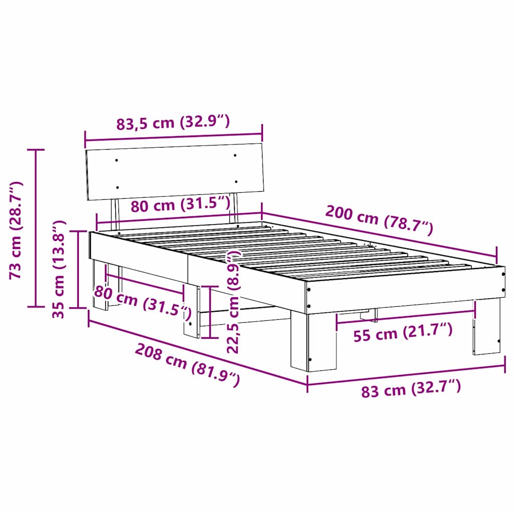 Rám Postele S Čelo Bílá 80 X 200 Cm Masivní Borové Dřevo