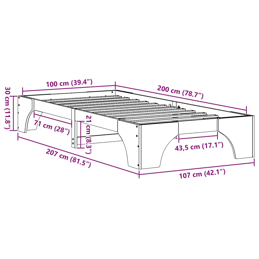 Rám Postele Bílá 100 X 200 Cm Masivní Borové Dřevo