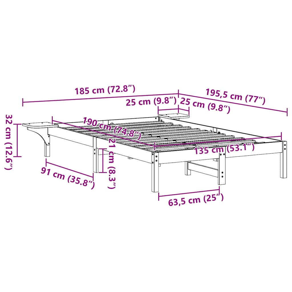 Rám Postele Přírodní 135 X 190 Cm Masivní Borové Dřevo