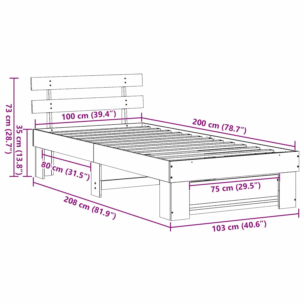 Rám Postele S Čelo Bílá 100 X 200 Cm Masivní Borové Dřevo