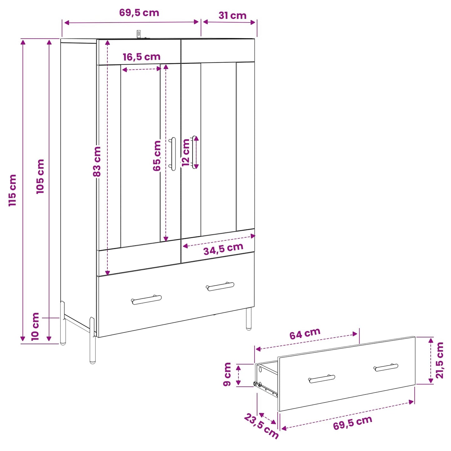 Vysoký Bufet Corona Artisanový Dub 69,5 X 31 X 115 Cm