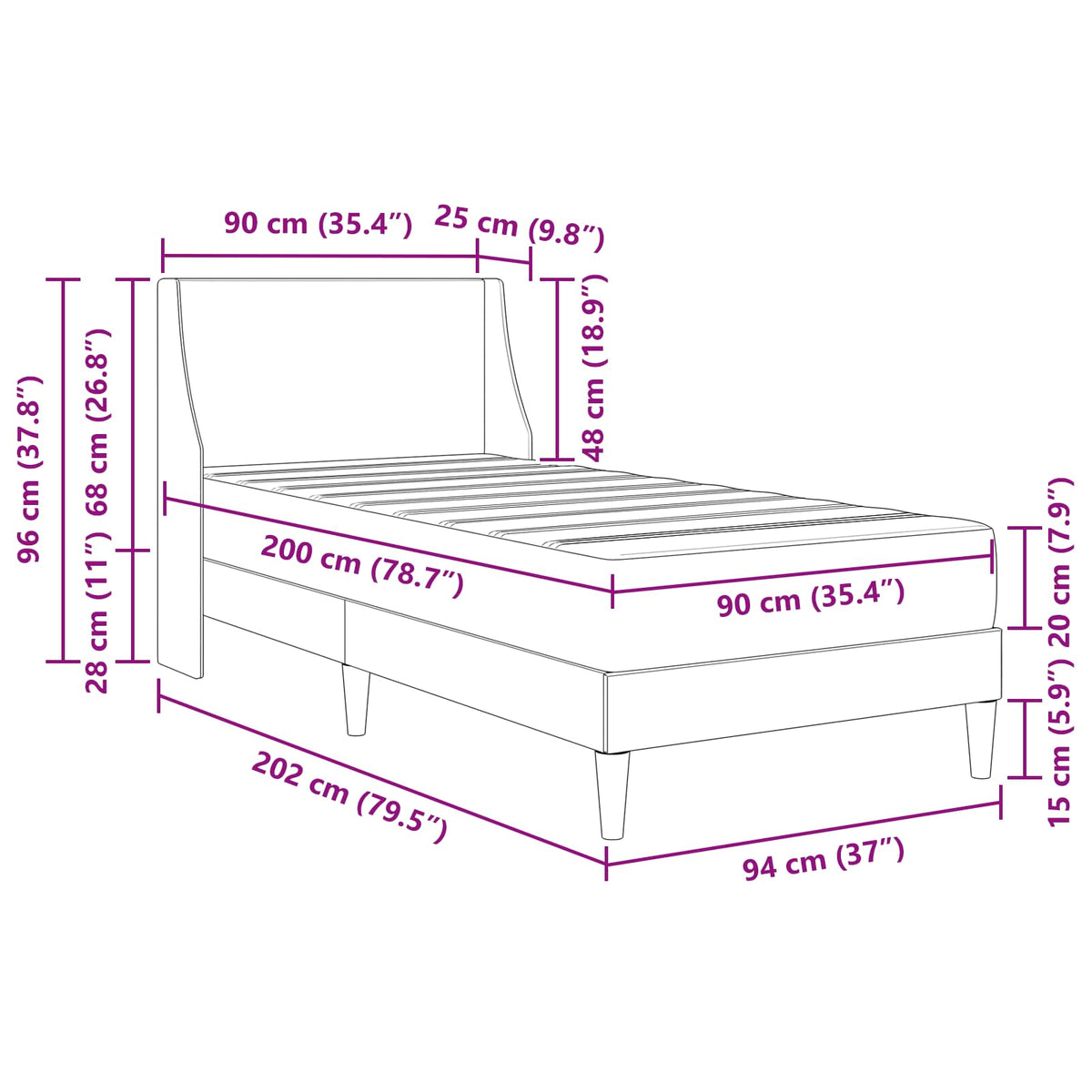 Rám Postele S Matrací Tmavě Šedá 90 X 200 Cm Textil