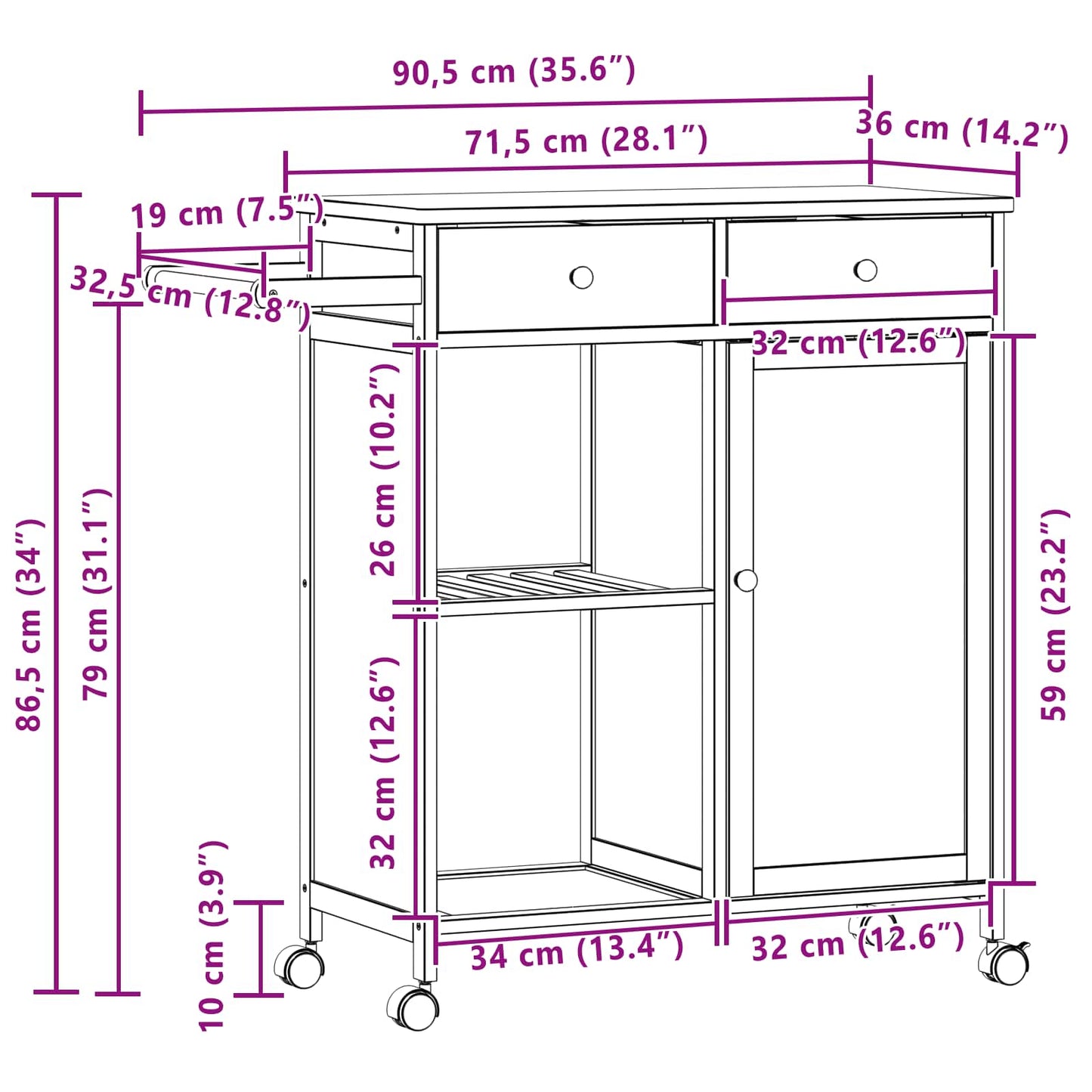 Kuchyňský Vozík S Koly Přírodní 90,5 X 36 X 86,5 Cm Bambus