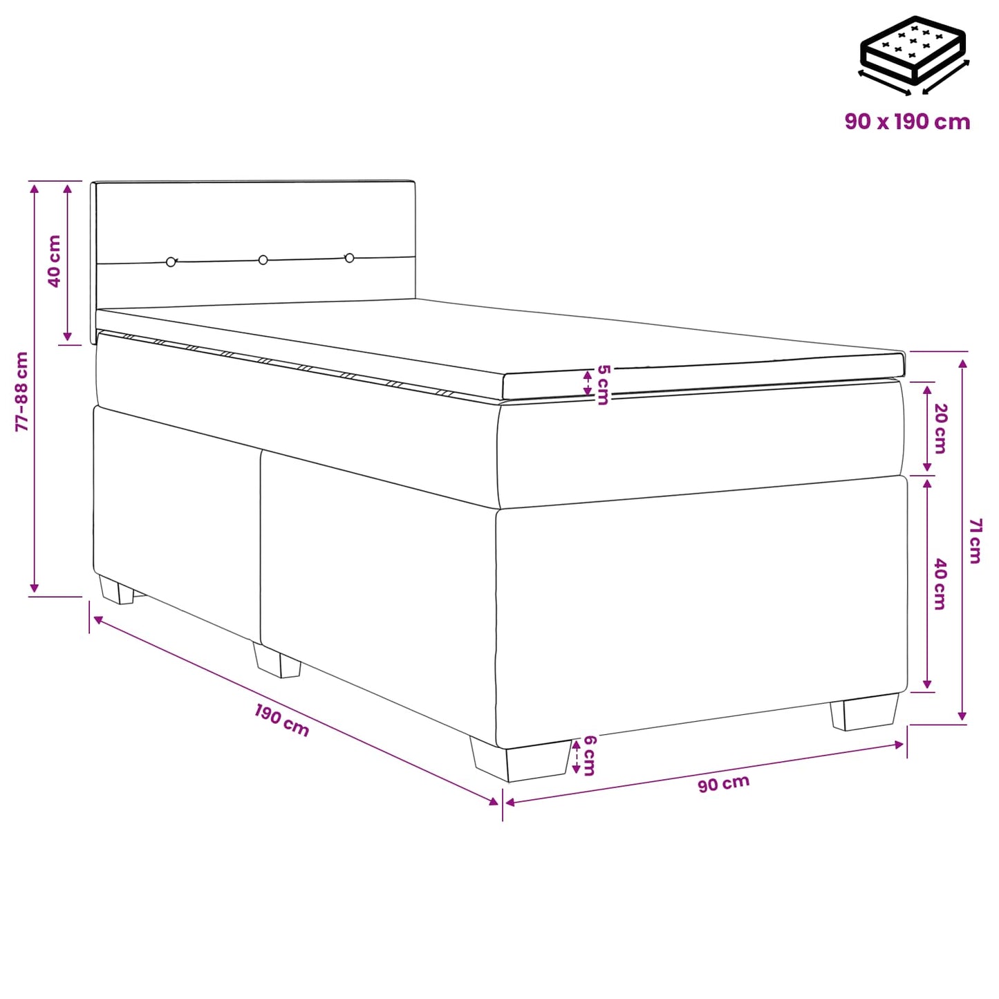 Postel Boxspring S Matrací S Čelo Tmavě Šedá 90 X 190 Cm Textil