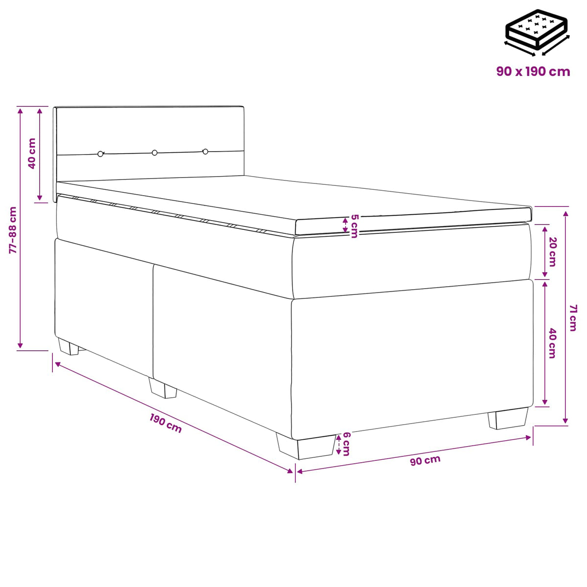 Postel Boxspring S Matrací S Čelo Černá 90 X 190 Cm Textil