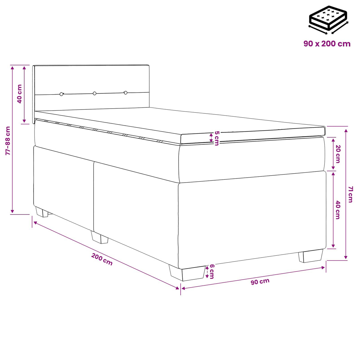 Postel Boxspring S Matrací S Čelo Černá 90 X 200 Cm Textil