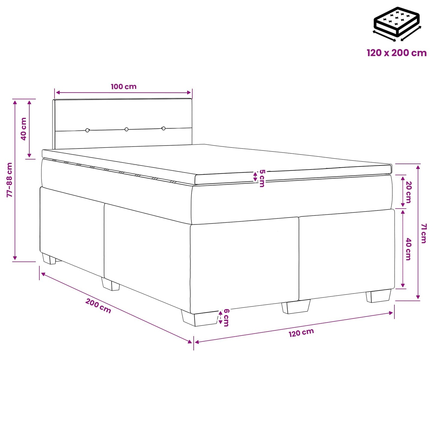 Postel Boxspring S Matrací S Čelo Černá 120 X 200 Cm Samet