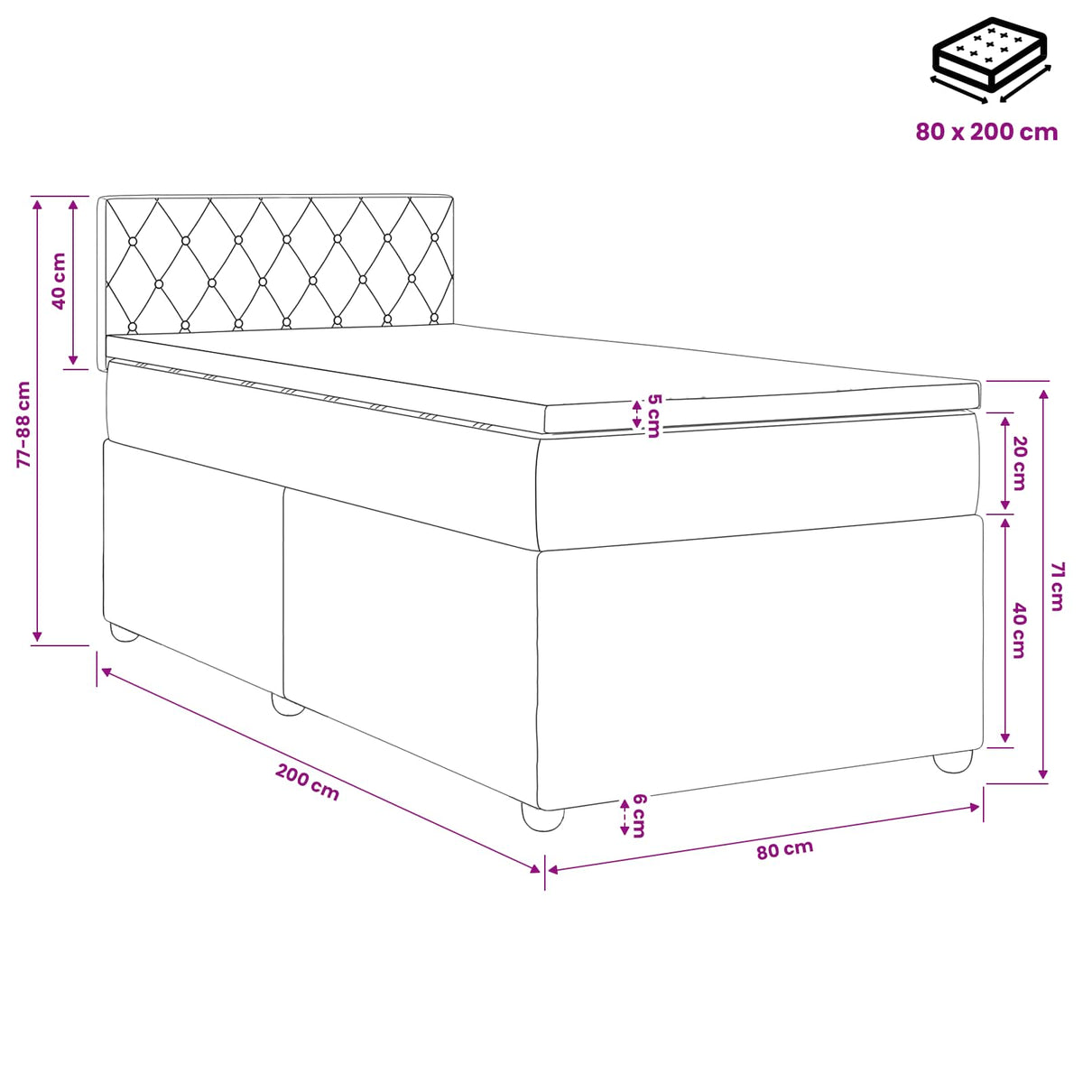 Postel Boxspring S Matrací S Čelo Tmavě Šedá 80 X 200 Cm Samet