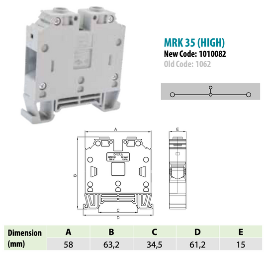ONKA 35mm2 Šroubová kolejnicová spojka svorkovnice Terminál na DIN lištu 2-vodičová šedá, 1010082