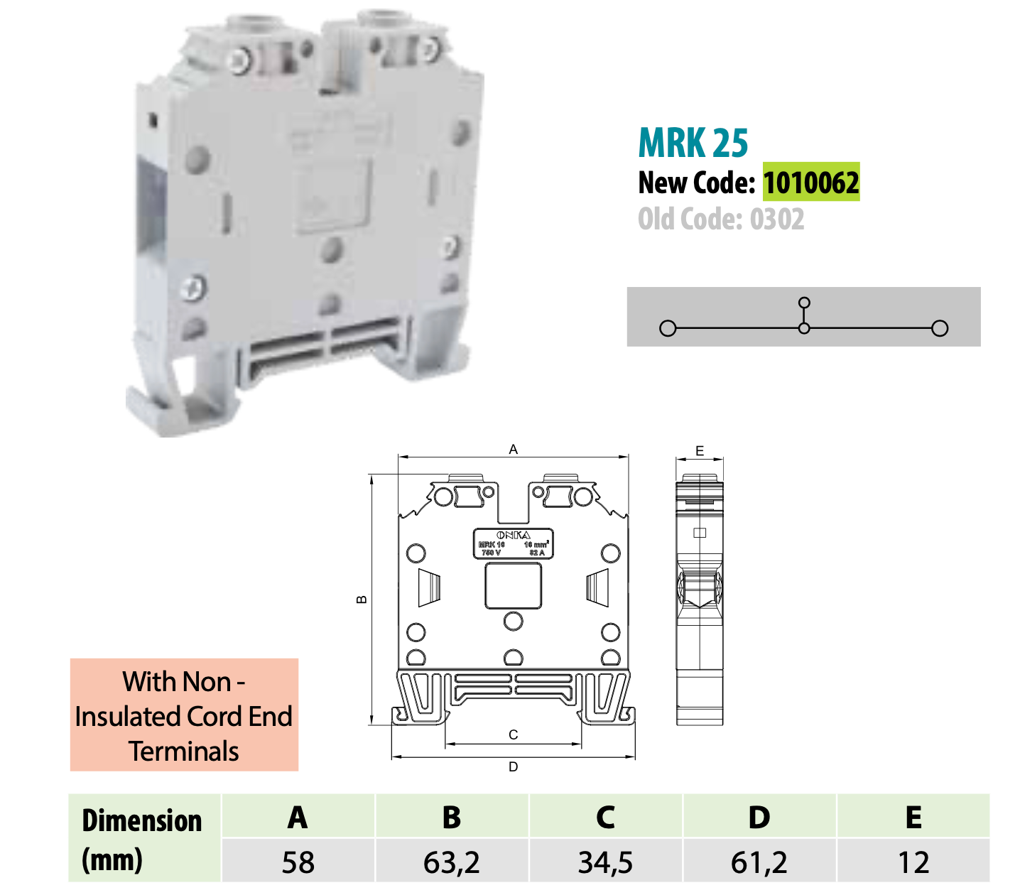 ONKA 25mm2 Šroubová kolejnicová spojka svorkovnice Terminál na DIN lištu 2-vodičová šedá, 1010062