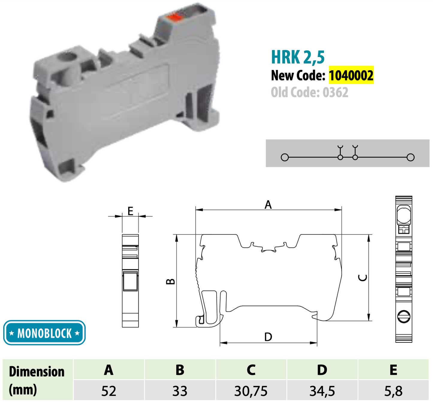 ONKA 2,5mm2 Hybridná Šroubová / pružinová kolejnicová spojka svorkovnice Terminál na DIN lištu 2-vodičová šedá, 1040002
