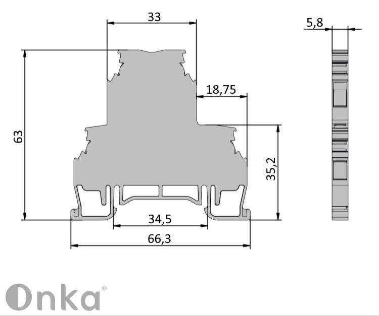 ONKA 2.5mm2, 2 patrová Šroubová kolejnicová spojka svorkovnice Terminál na DIN lištu 4-vodičová šedá, 1010332