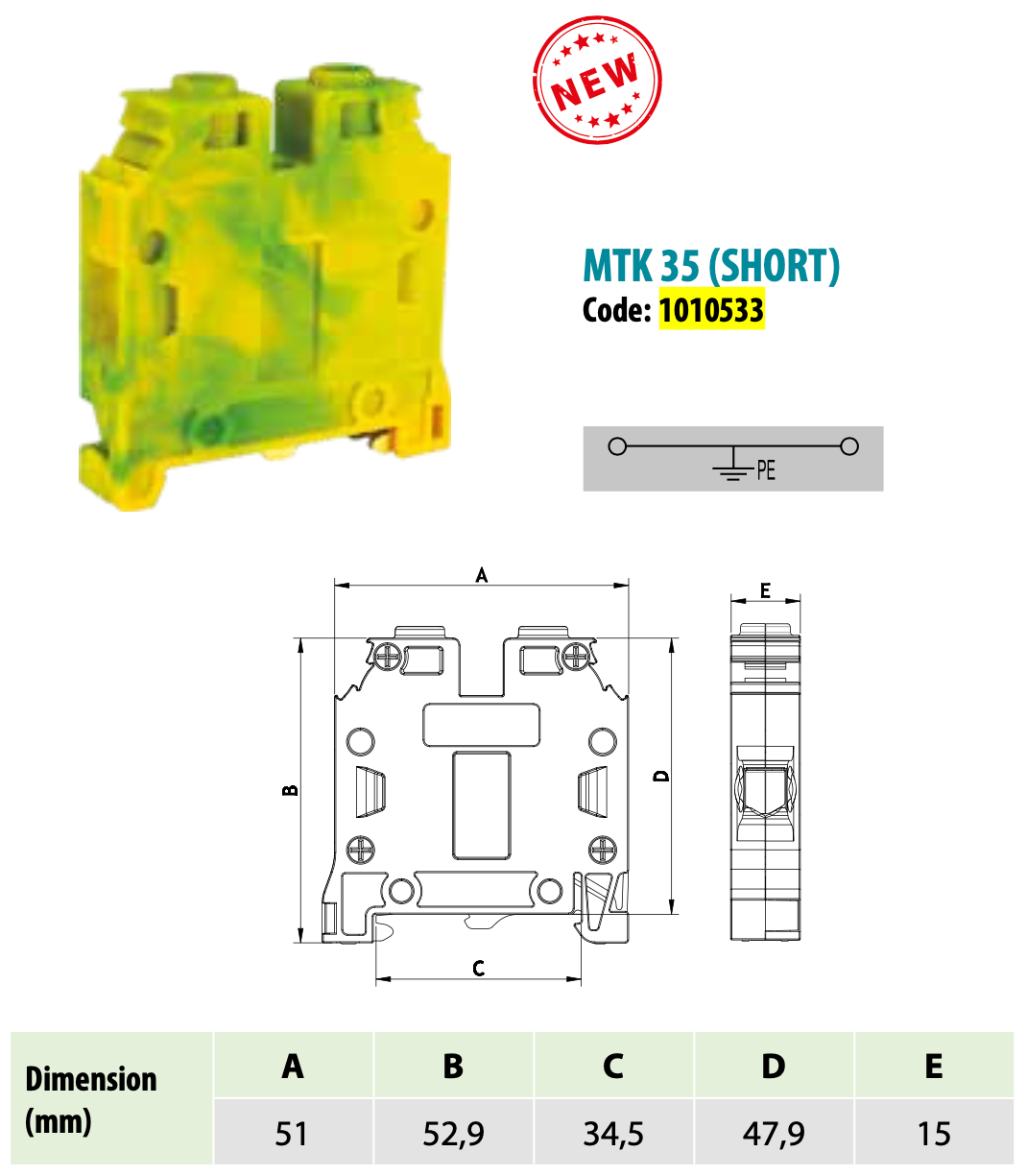 ONKA 35mm2 PE Šroubová kolejnicová spojka svorkovnice terminál na DIN lištu 2-vodičová šedá, 1010533