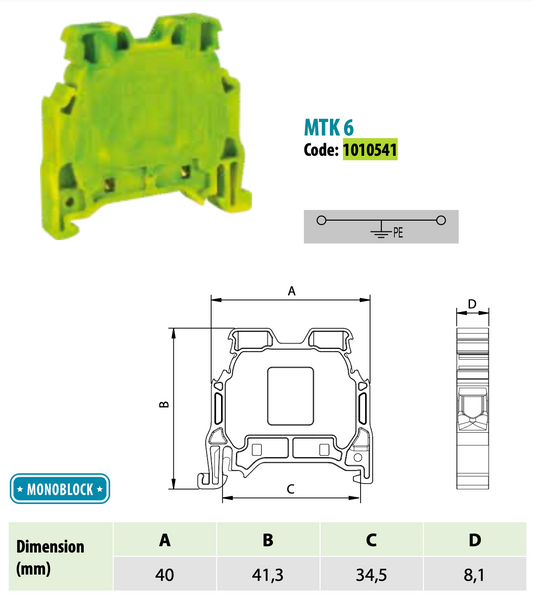 ONKA 6mm2 PE Šroubová kolejnicová spojka svorkovnice terminál na DIN lištu 2-vodičová šedá, 1010541