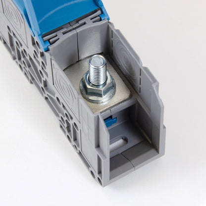 ONKA 120mm2 M10 Šroubová kolejnicová spojka svorkovnice terminál na DIN lištu s ochranným krytem, modrá, 1030076