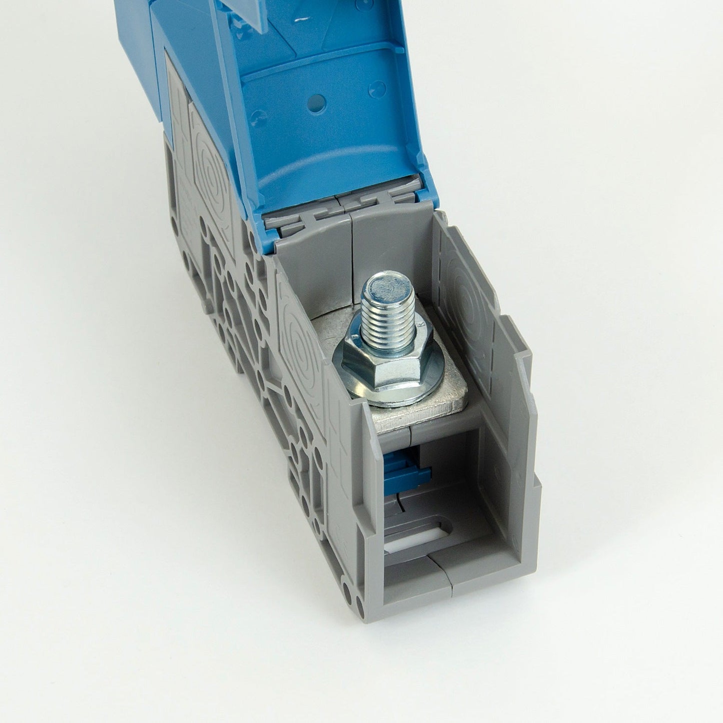 ONKA 150mm2 M12 Šroubová kolejnicová spojka svorkovnice terminál na DIN lištu s ochranným krytem, modrá, 1030091
