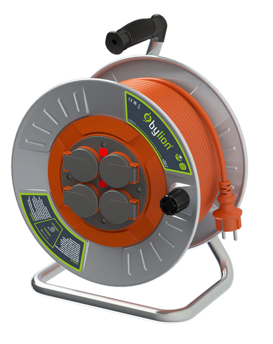 Profesionalní kovový naviják s měděným kabelem 3x2,5 mm2, IP44 s ochranou proti přetížení, proud 16 A typ Schuko se 4 zásuvky, délka 50M, barva kabelu: oranžová